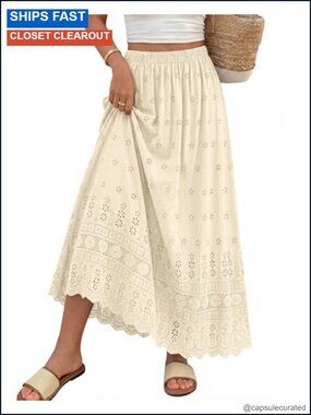 Boho Eyelet A-Line Cotton Flowy Maxi Skirt High Waist Summer